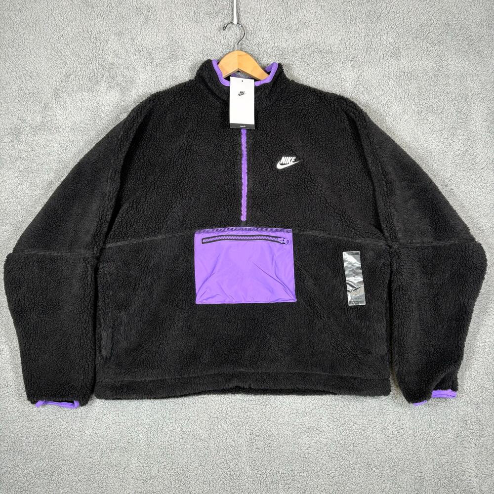 Nike Club Fleece Jacket Mens Medium Black Anorak Sherpa Faux Fur DQ4880-010